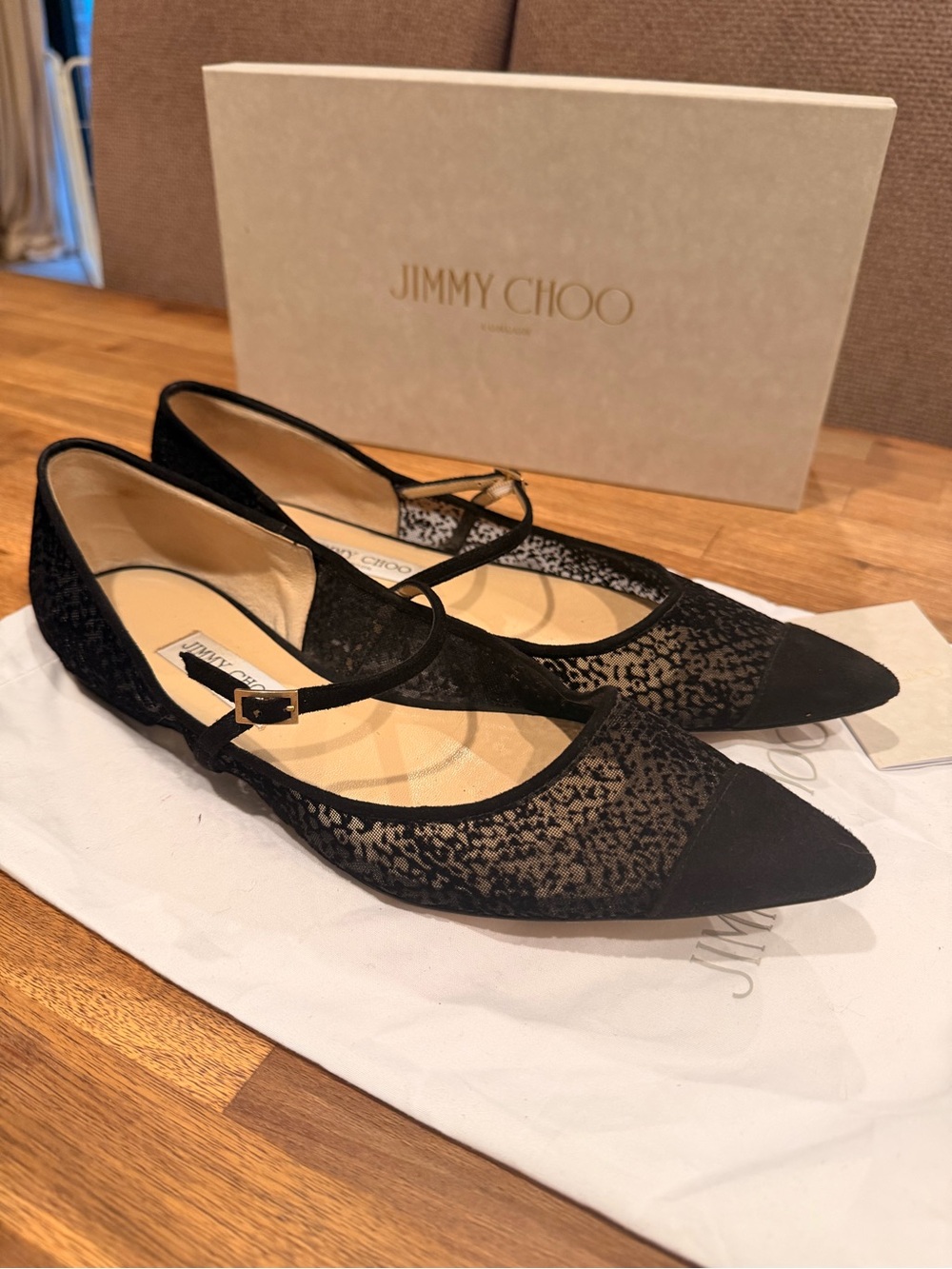 Jimmy Choo Black Mesh/Suede Pointed Flats Size EU 41.5